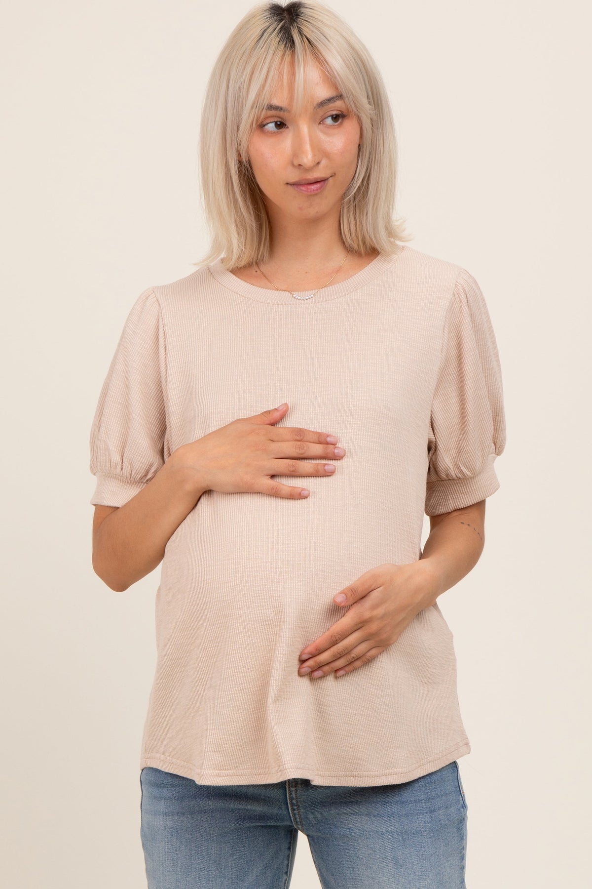Beige Ribbed Puffed Sleeve Maternity Top