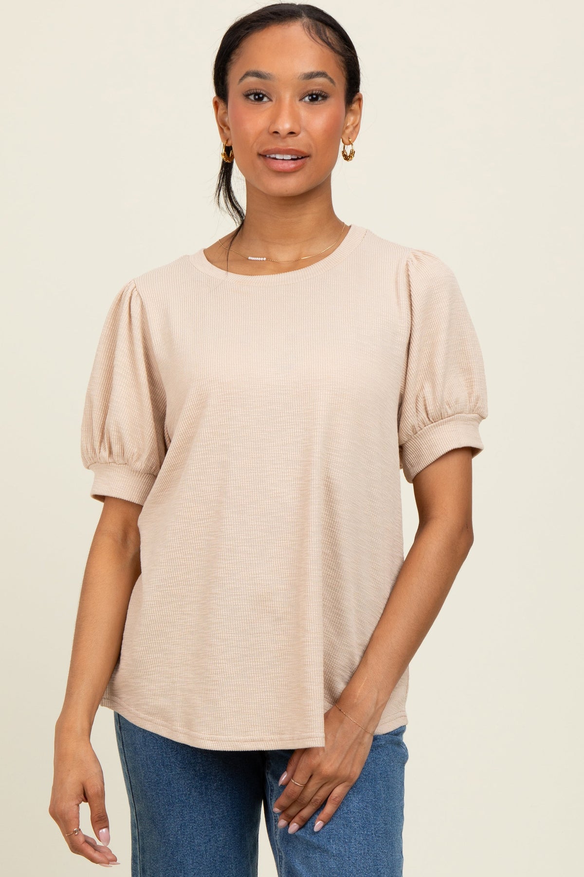 Beige Ribbed Puffed Sleeve Maternity Top