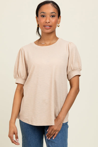 Beige Ribbed Puffed Sleeve Maternity Top