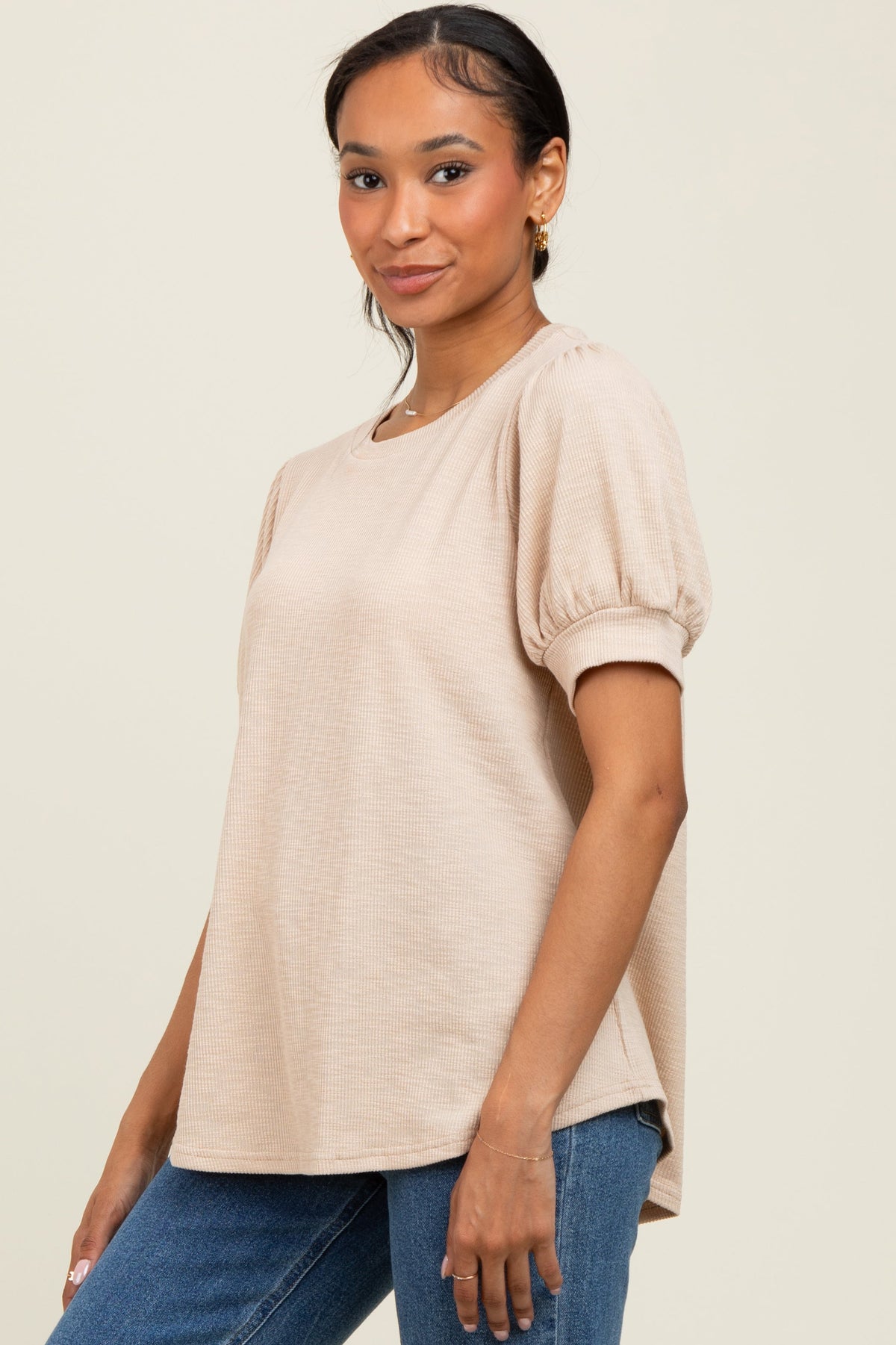 Beige Ribbed Puffed Sleeve Top