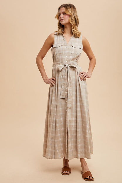 Beige Plaid Sleeveless Sash Tie Shirt Dress