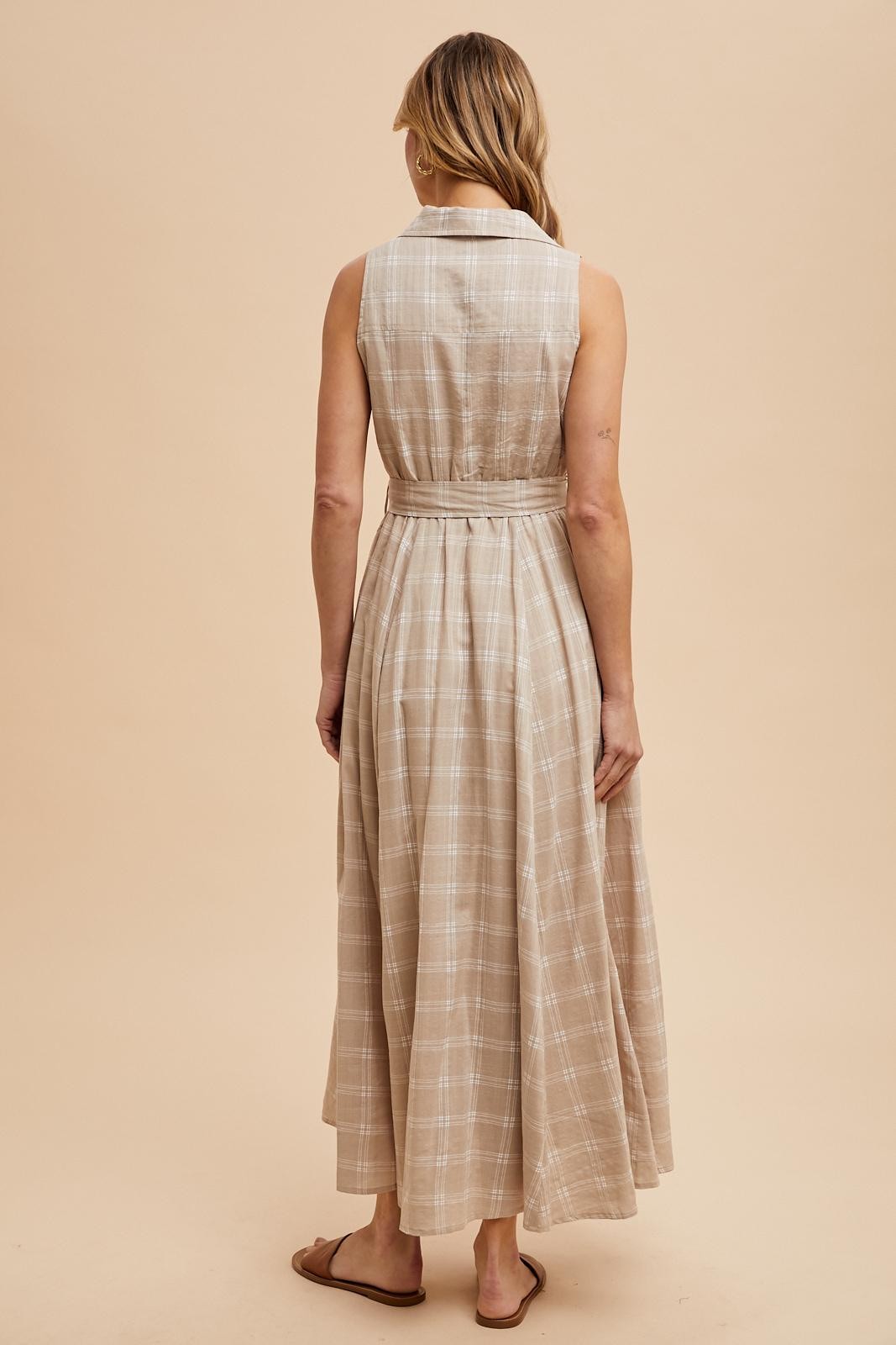 Beige Plaid Sleeveless Sash Tie Shirt Dress