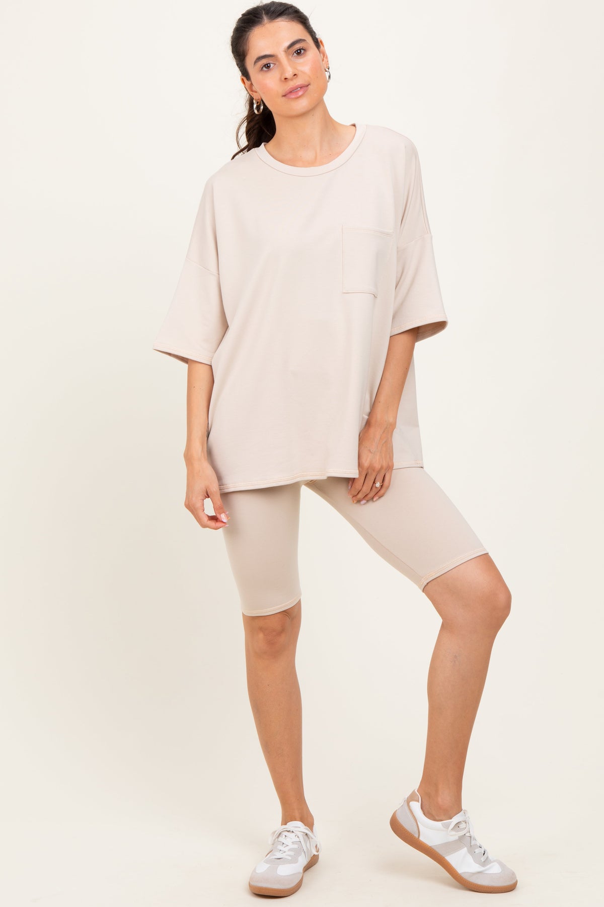 Beige Oversized Short Sleeve Biker Short Set