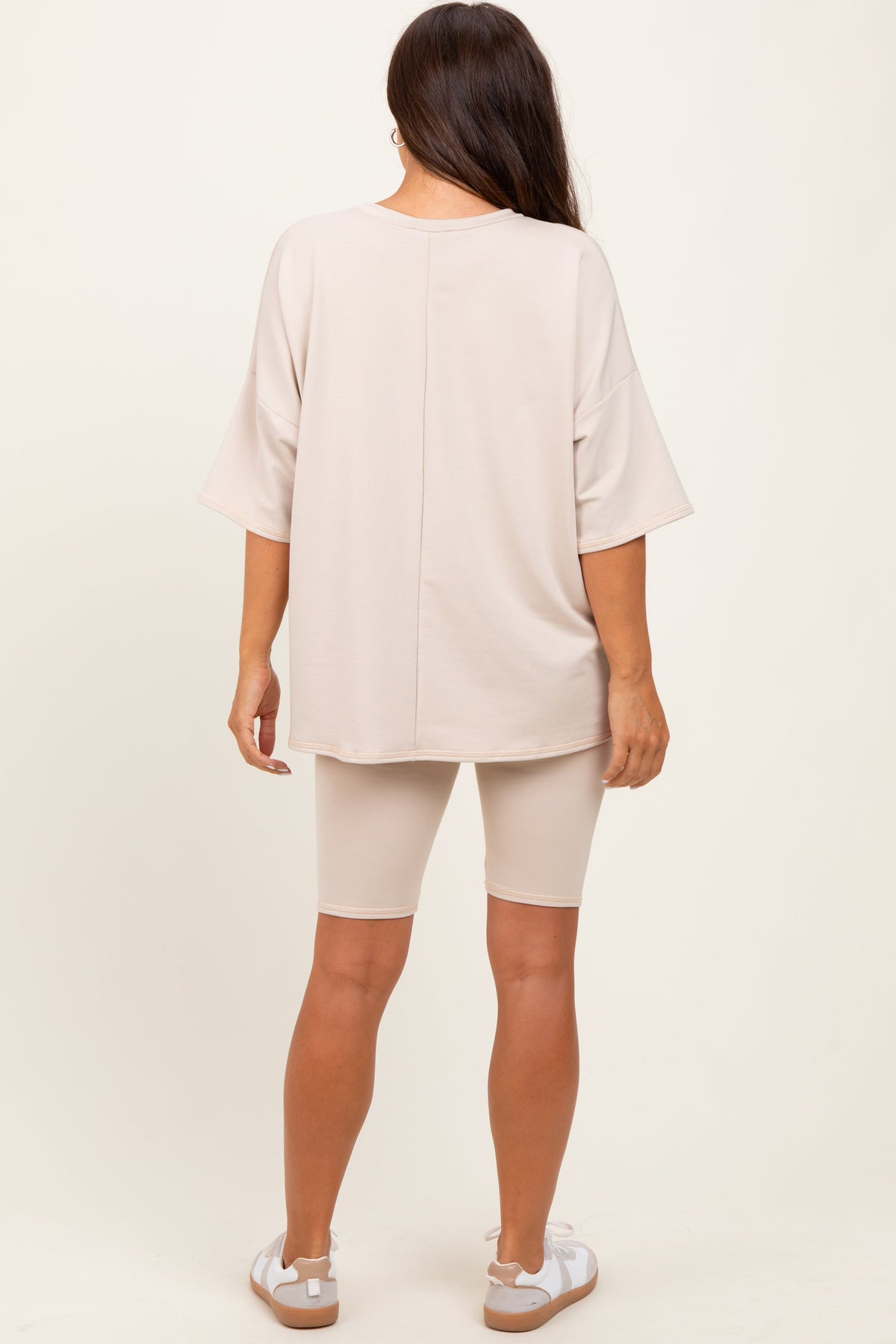 Beige Oversized Short Sleeve Biker Short Maternity Set