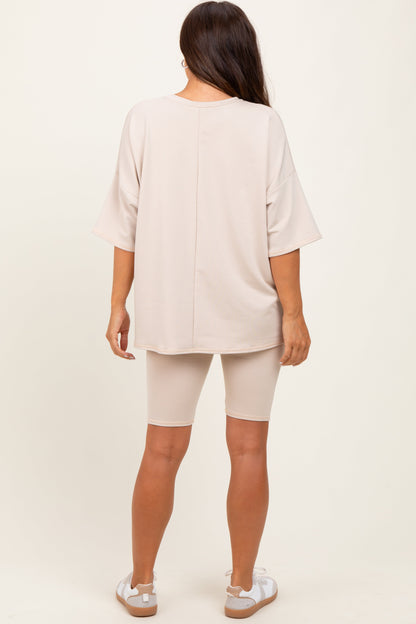 Beige Oversized Short Sleeve Biker Short Maternity Set