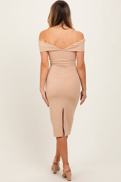 Beige Off Shoulder Fitted Midi Dress