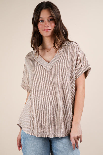 Beige Ribbed Raw Hem Short Sleeve Top