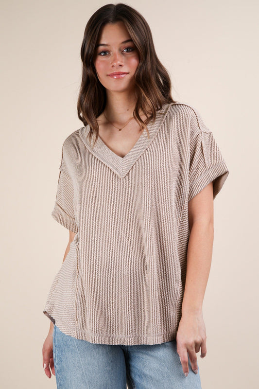 Beige Ribbed Raw Hem Short Sleeve Top