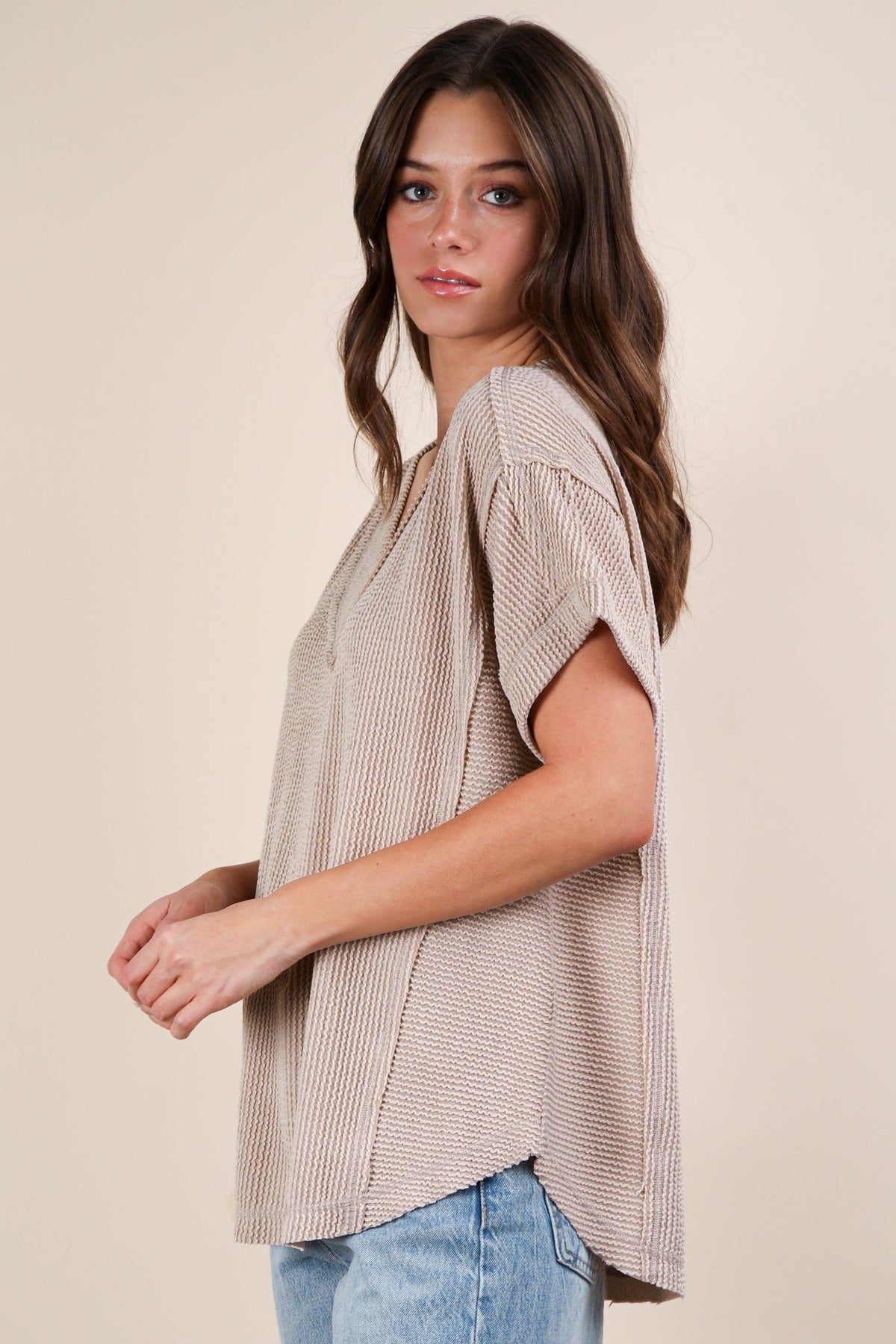 Beige Ribbed Raw Hem Short Sleeve Top