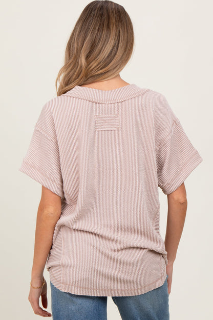 Beige Ribbed Raw Hem Maternity Short Sleeve Top