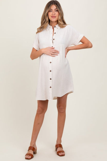 Beige Dolman Sleeve Linen Maternity Shirt Dress