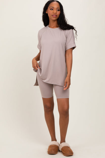 Beige Hi-Low Short Sleeve Tee Biker Short Set