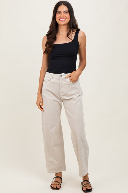 Beige Corduroy Wide Leg Pants