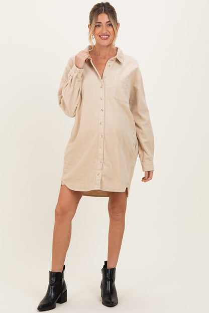 Beige Corduroy Maternity Shirt Mini Dress