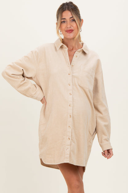 Beige Corduroy Maternity Shirt Mini Dress