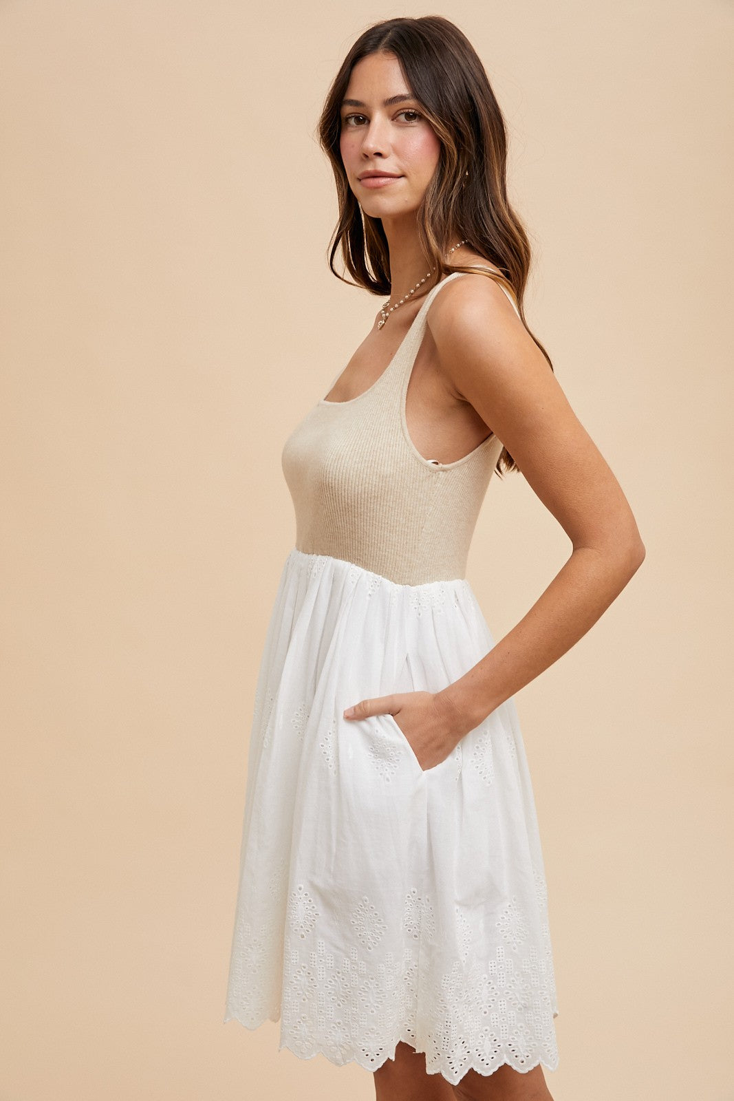 Beige Knit Contrast Eyelet Lace Skirt Mini Dress