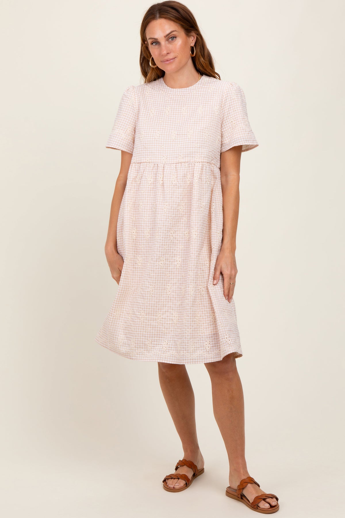 Beige Gingham Short Sleeve Maternity Dress
