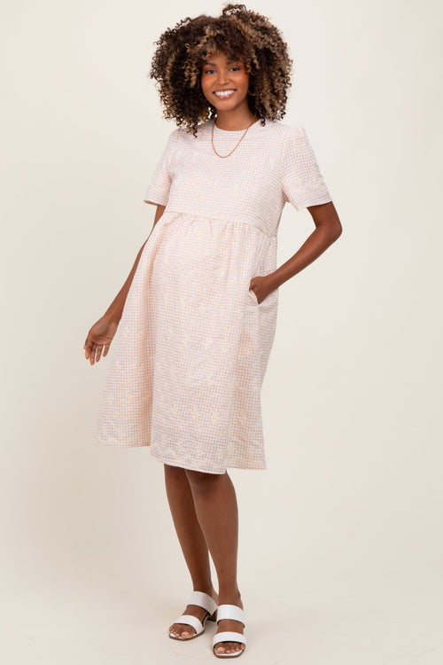 Beige Gingham Short Sleeve Maternity Dress
