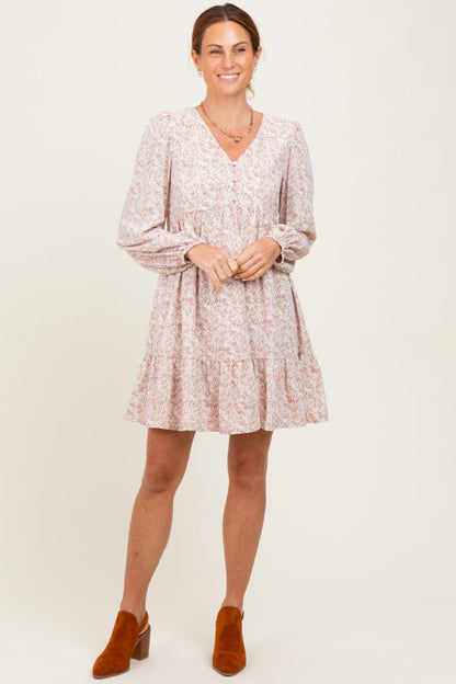 Beige Floral Long Sleeve Dress