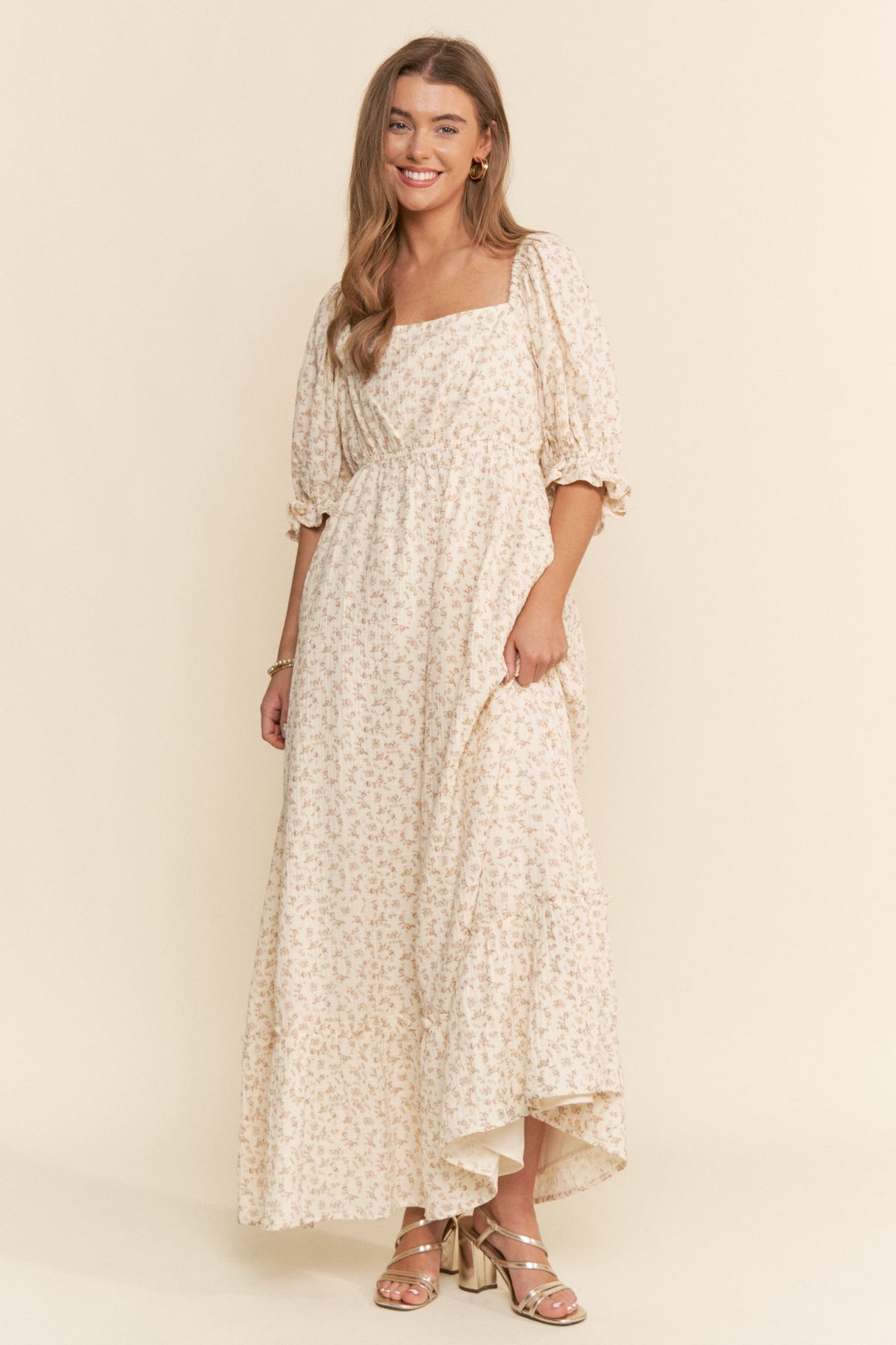 Beige Floral Print Square Neckline Maxi Dress