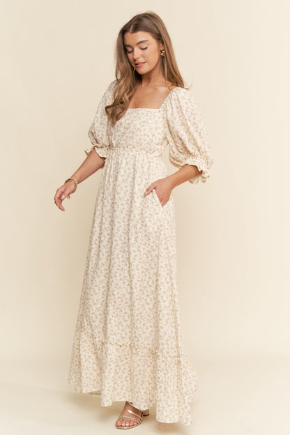 Beige Floral Print Square Neckline Maxi Dress