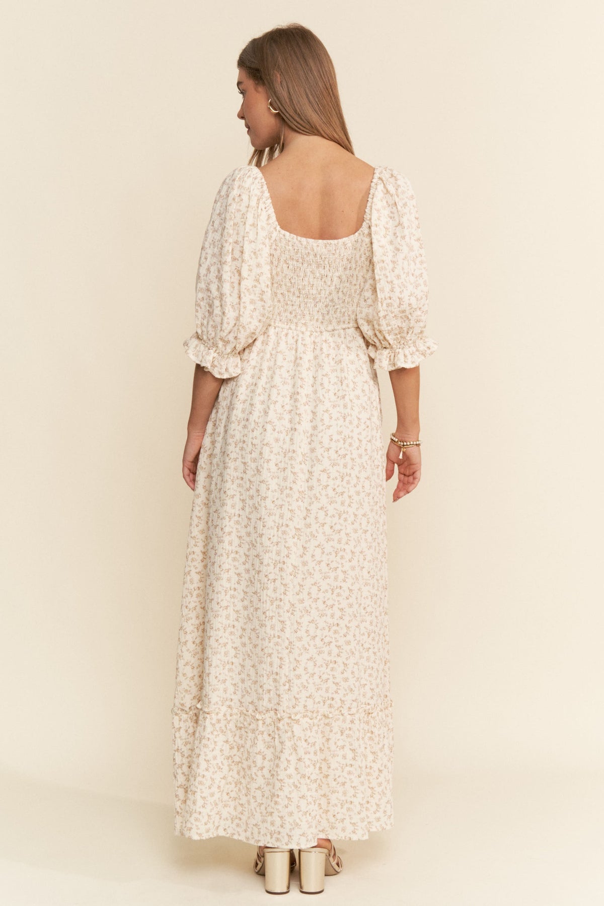 Beige Floral Print Square Neckline Maxi Dress