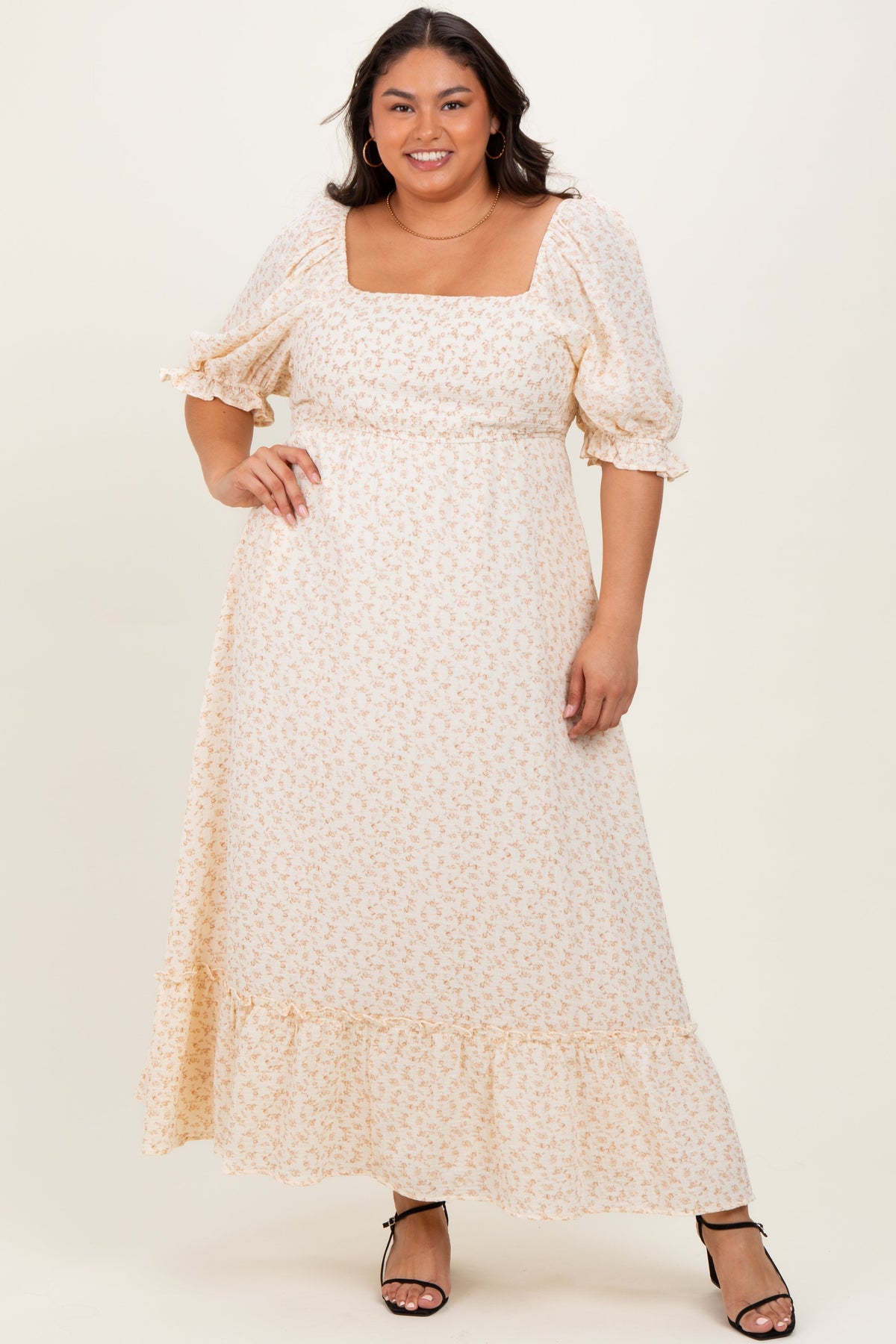 Beige Floral Print Square Neckline Plus Maxi Dress