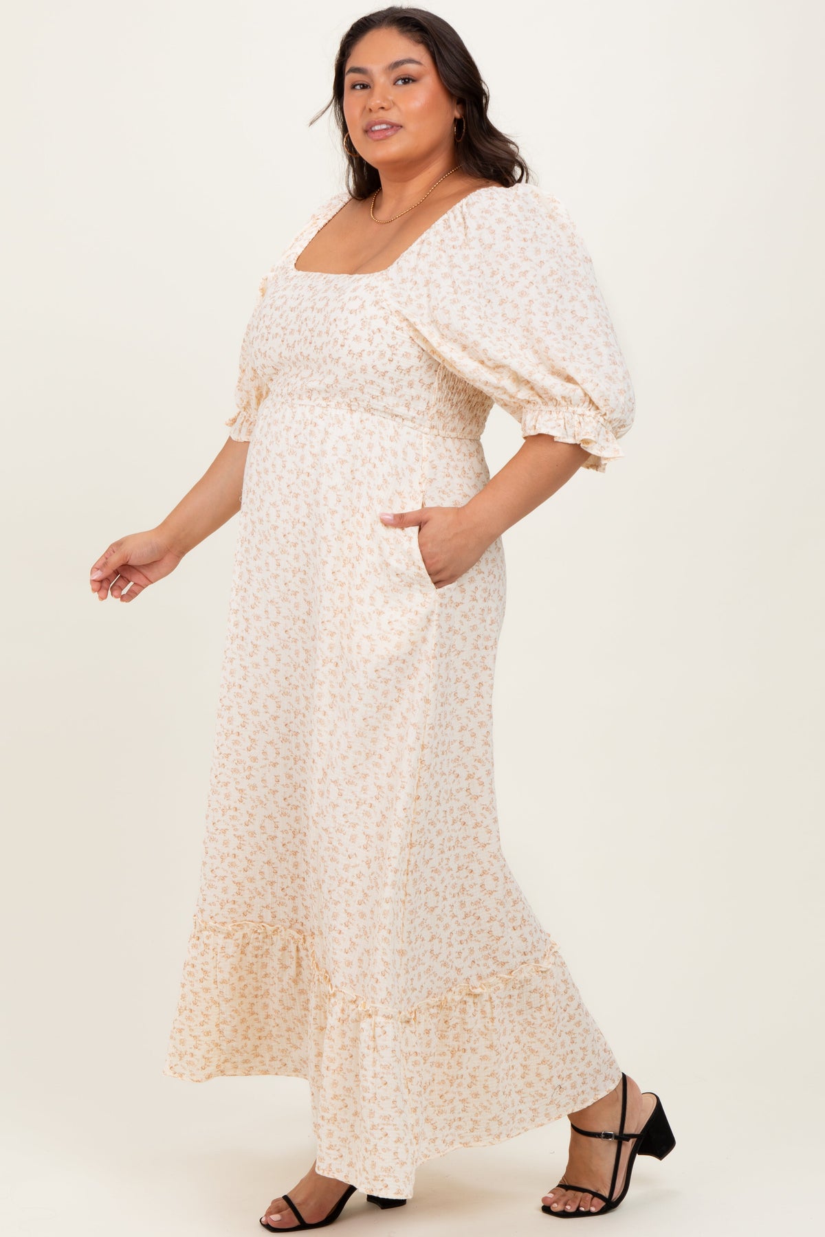 Beige Floral Print Square Neckline Plus Maxi Dress
