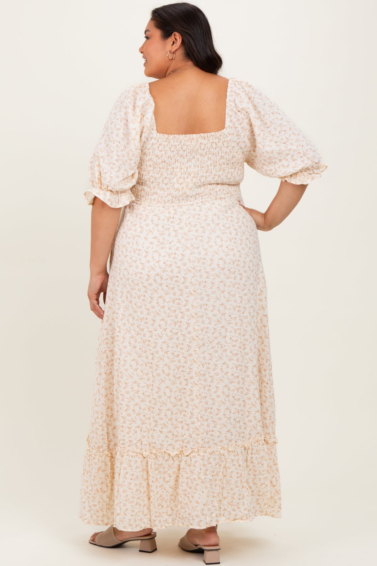 Beige Floral Print Square Neckline Plus Maxi Dress