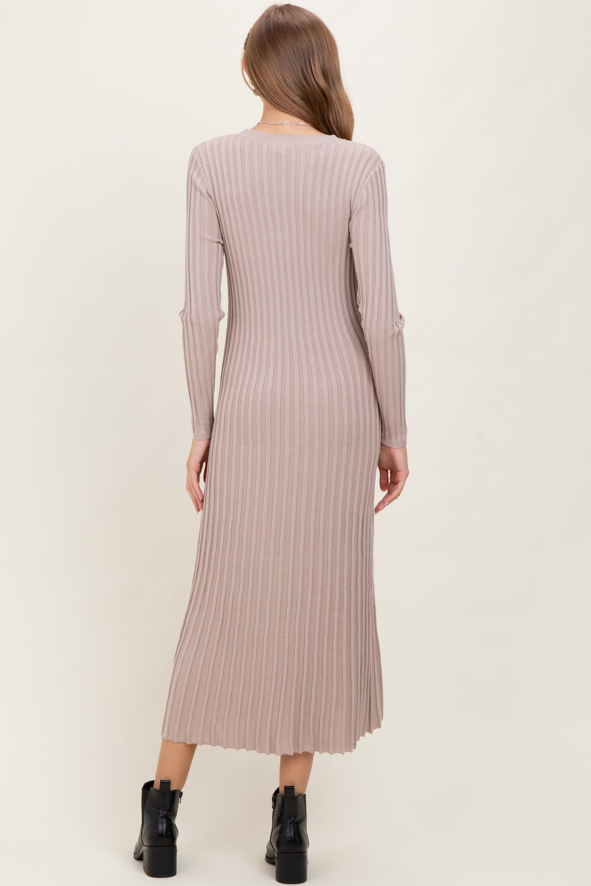 Beige Ribbed Long Sleeve Maternity Sweater Midi Dress