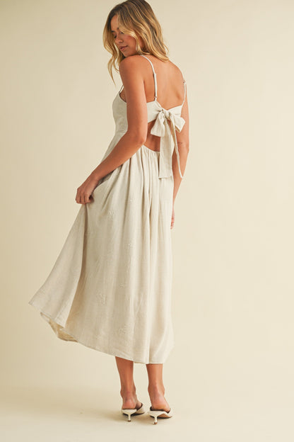 Beige Linen Ribbon Pattern Embroidered Midi Dress