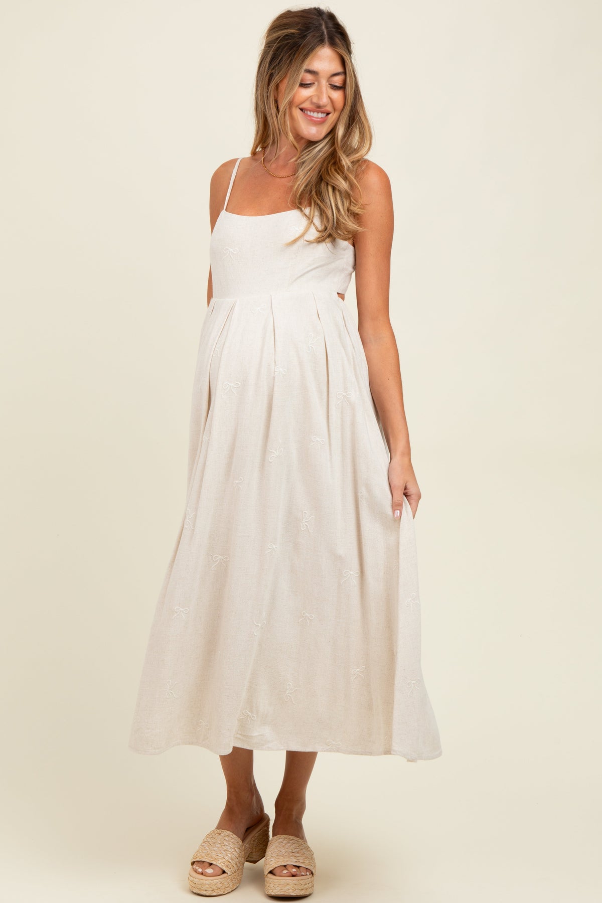Beige Linen Ribbon Pattern Embroidered Maternity Midi Dress