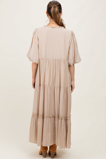 Beige Puff Short Sleeve Crepe Tiered Maternity Maxi Dress