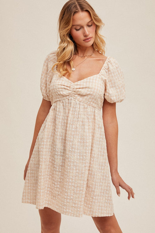 Beige Embroidered Gingham Sweetheart Neck Mini Dress