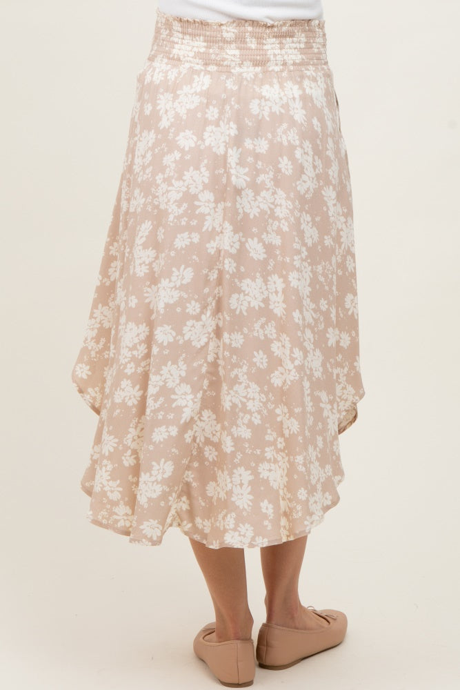 Beige Floral Smocked Waist Round Hem Maternity Maxi Skirt