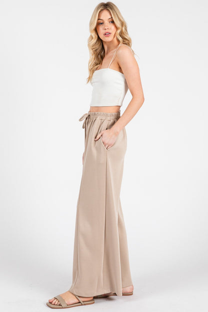 Beige Drawstring Wide Leg Pants