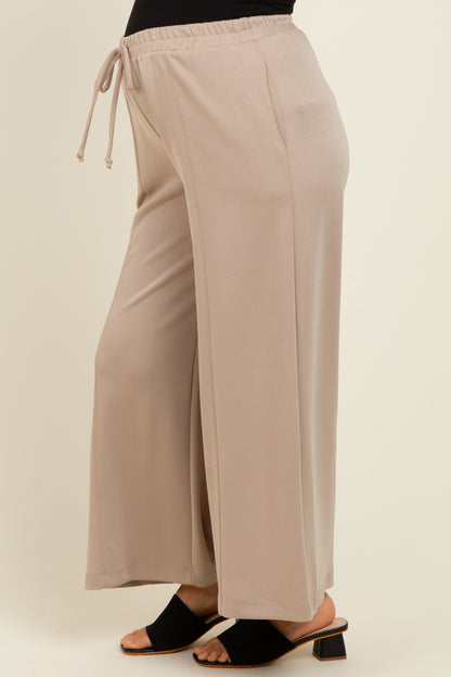 Beige Drawstring Wide Leg Maternity Pants