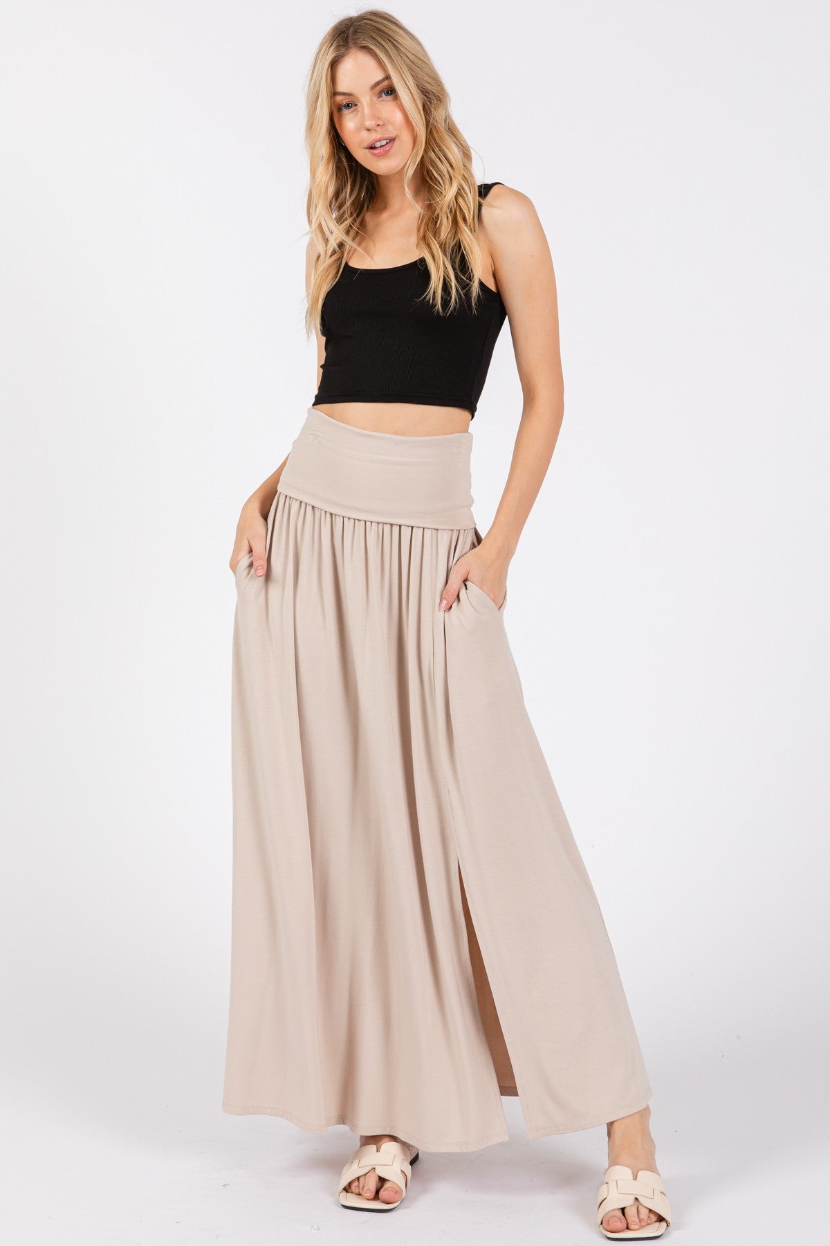 Beige Foldover Waist Side Slit Maxi Skirt