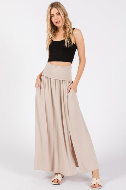Beige Foldover Waist Side Slit Maxi Skirt