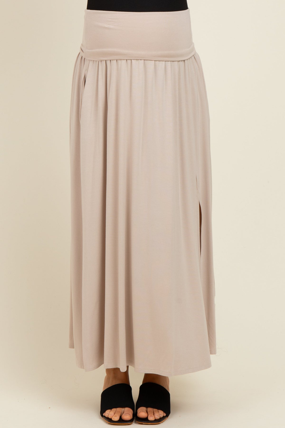 Beige Foldover Waist Side Slit Maternity Maxi Skirt