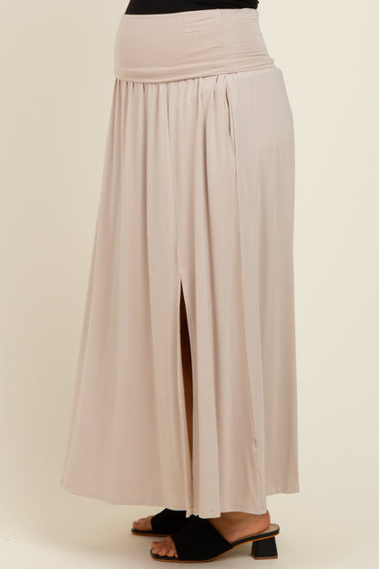Beige Foldover Waist Side Slit Maternity Maxi Skirt