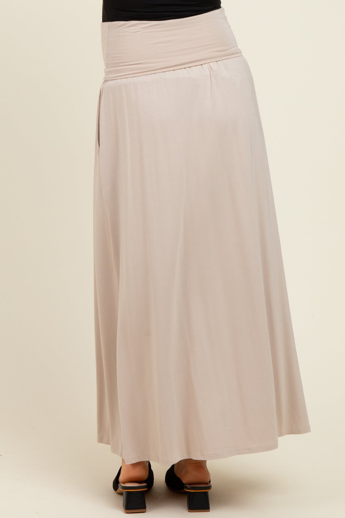 Beige Foldover Waist Side Slit Maternity Maxi Skirt