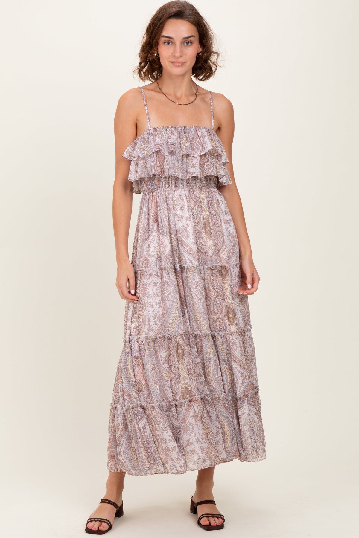 Beige Paisley Ruffle Tiered Shoulder Tie Maxi Dress