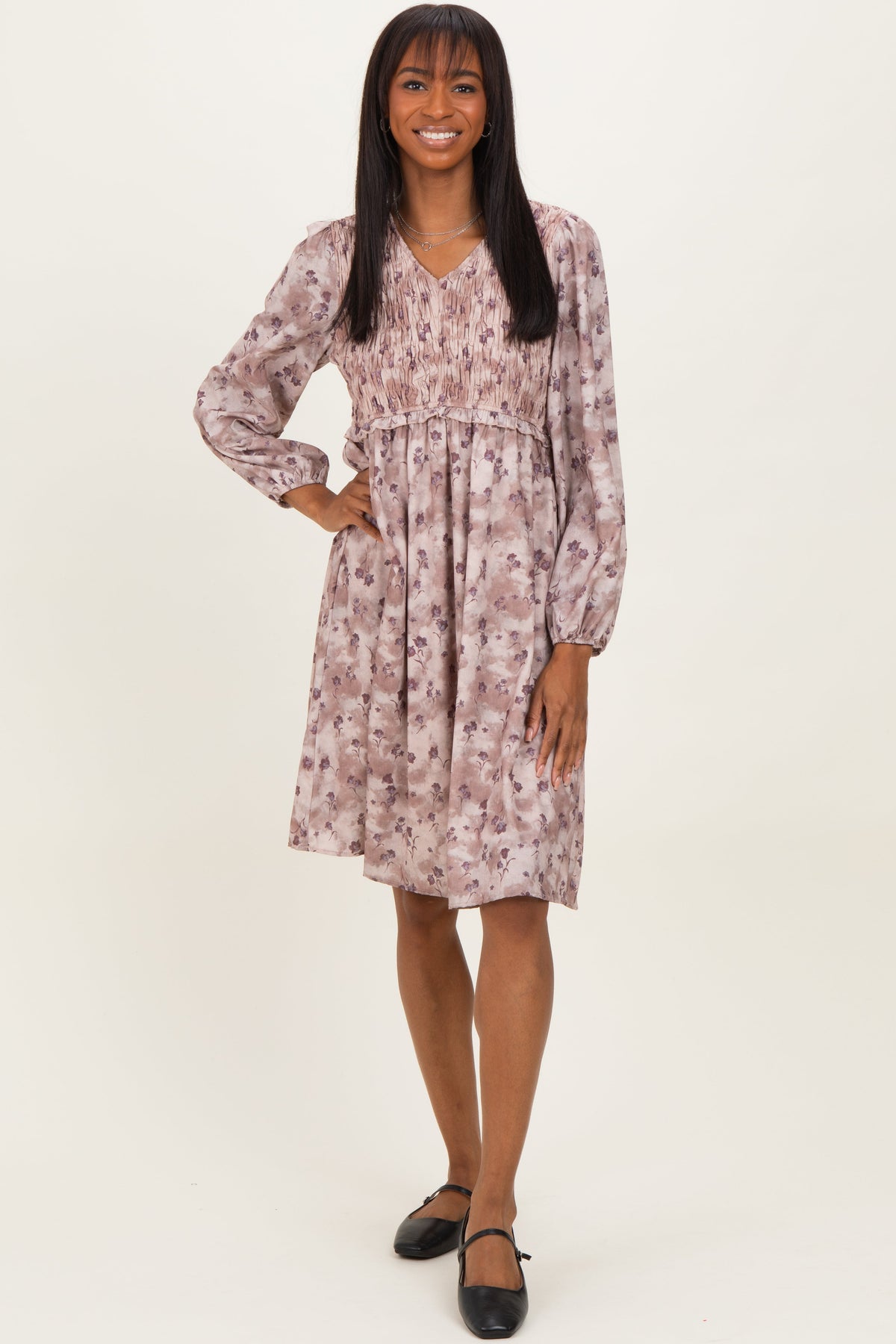 Beige Floral Smocked Long Sleeve Dress