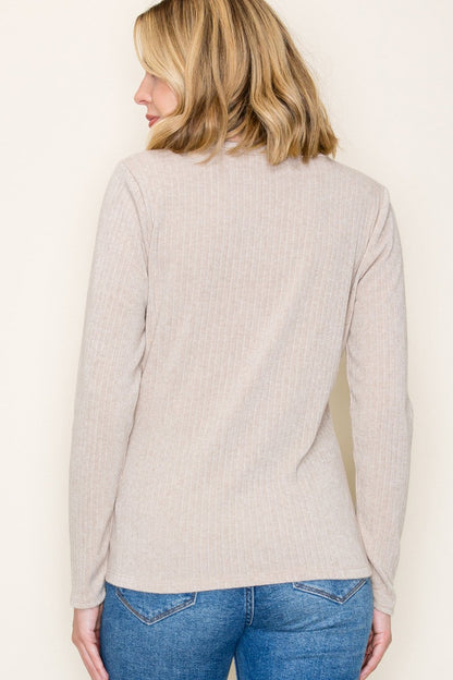 Beige Ribbed Knit Long Sleeve Top