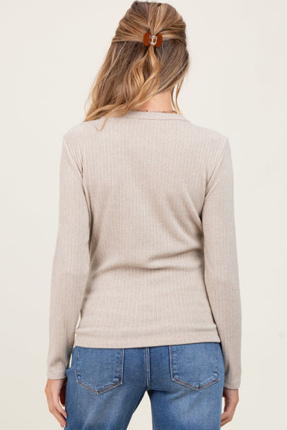 Beige Ribbed Knit Maternity Long Sleeve Top