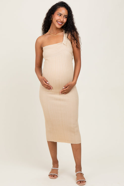 Beige Metallic Ribbed Knit One Strap Maternity Midi Dress