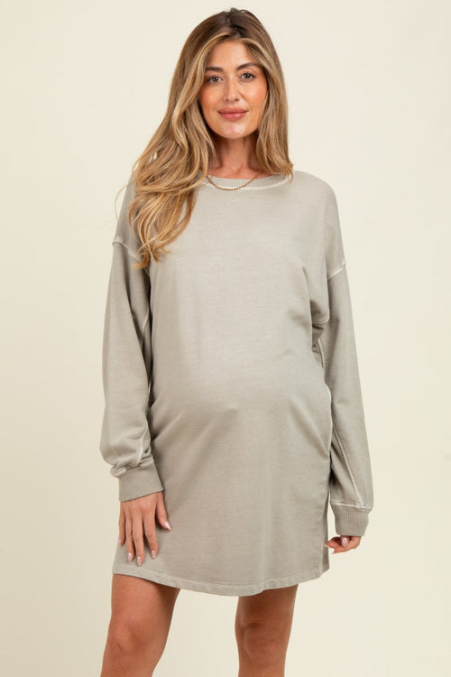 Beige Oversized Long Sleeve Maternity T-Shirt Dress