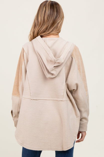 Beige Corduroy Contrast Oversized Maternity Hoodie