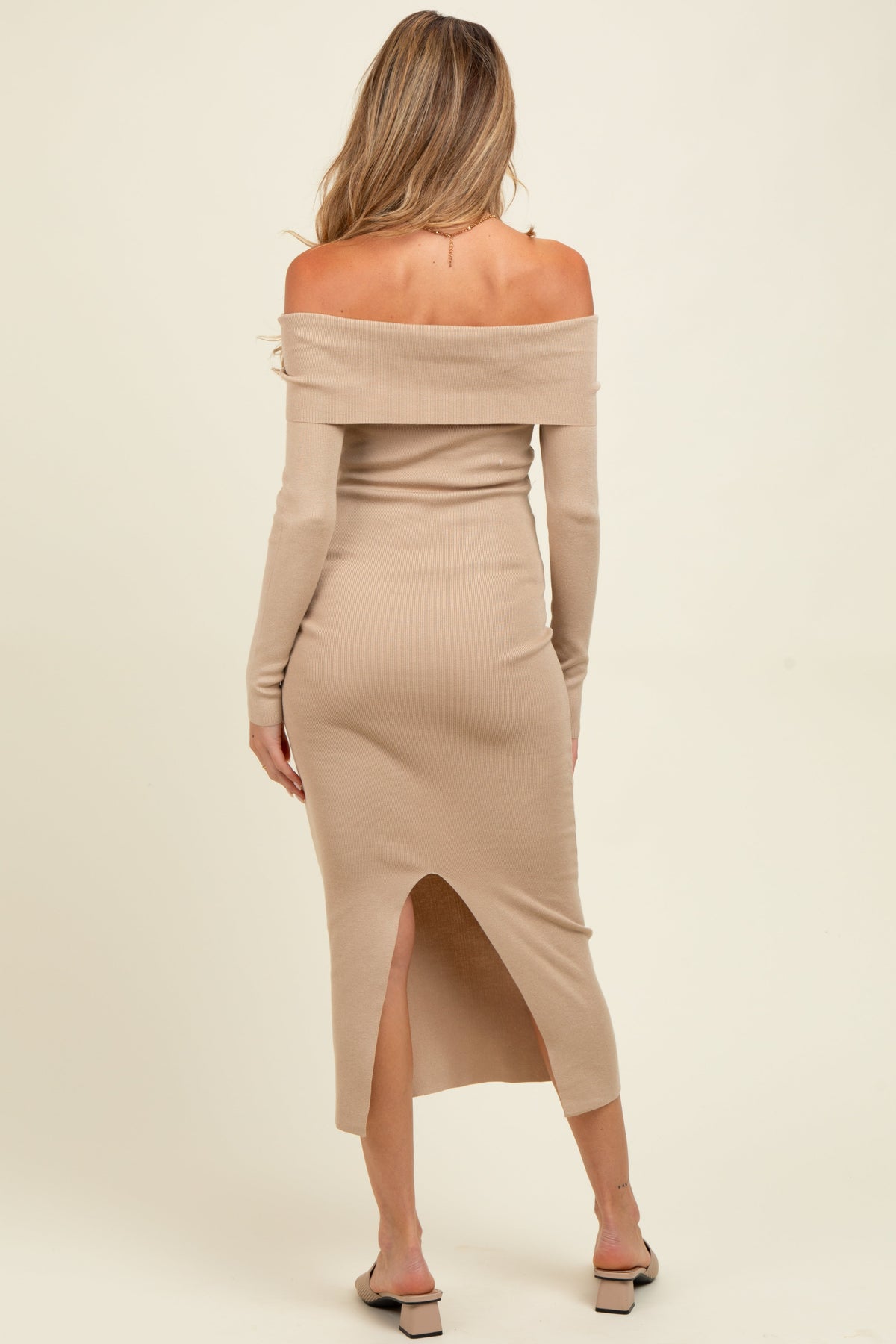 Beige Knit Off Shoulder Long Sleeve Maternity Midi Dress
